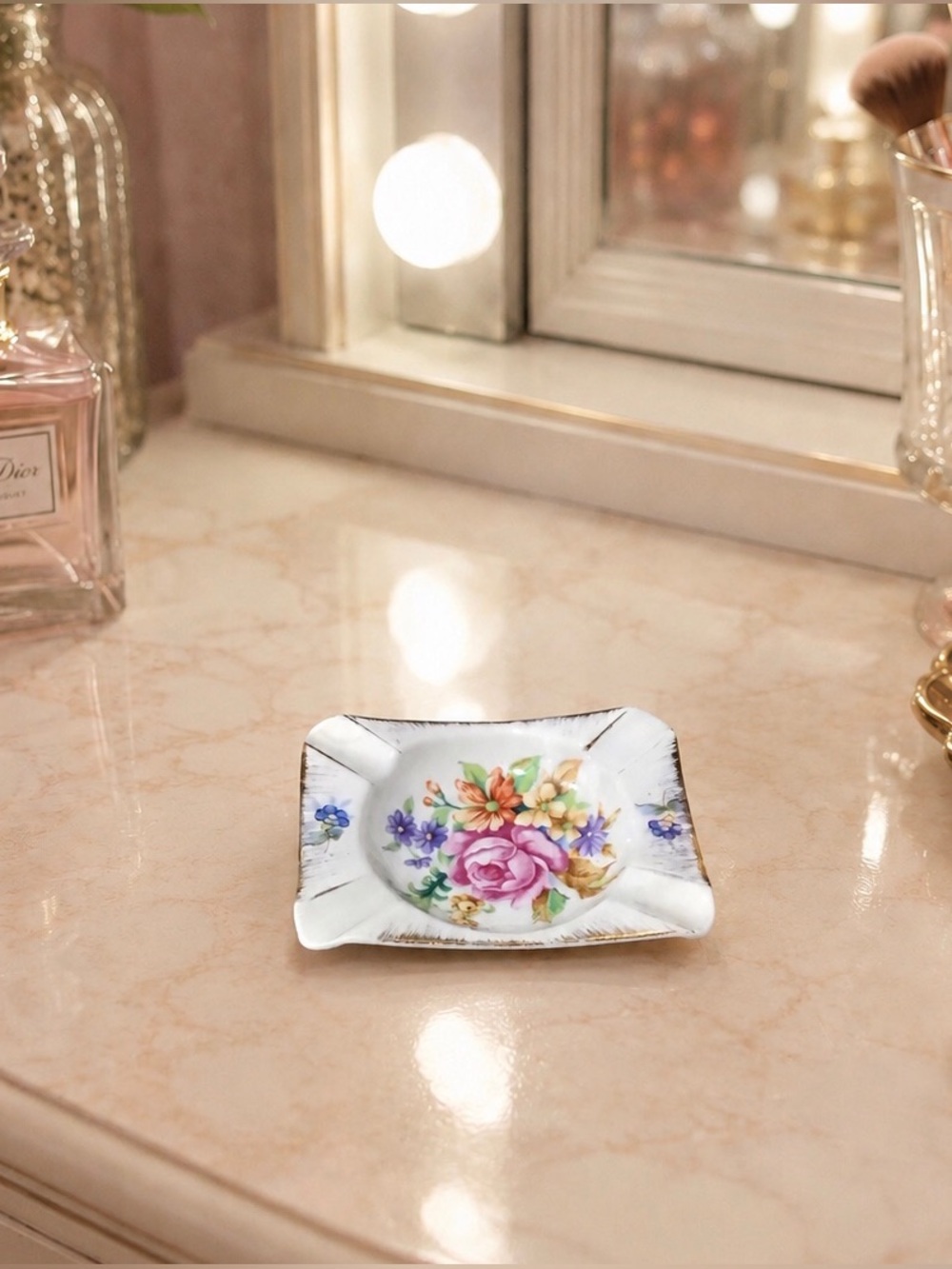 Vintage FERN Hand Painted Japan Floral Porcelain Trinket Tray Ashtray 3.75”